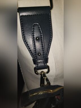Genuine Leather Crossbody Basketweave Trimming Black Wide Strap Shoulder Handbag